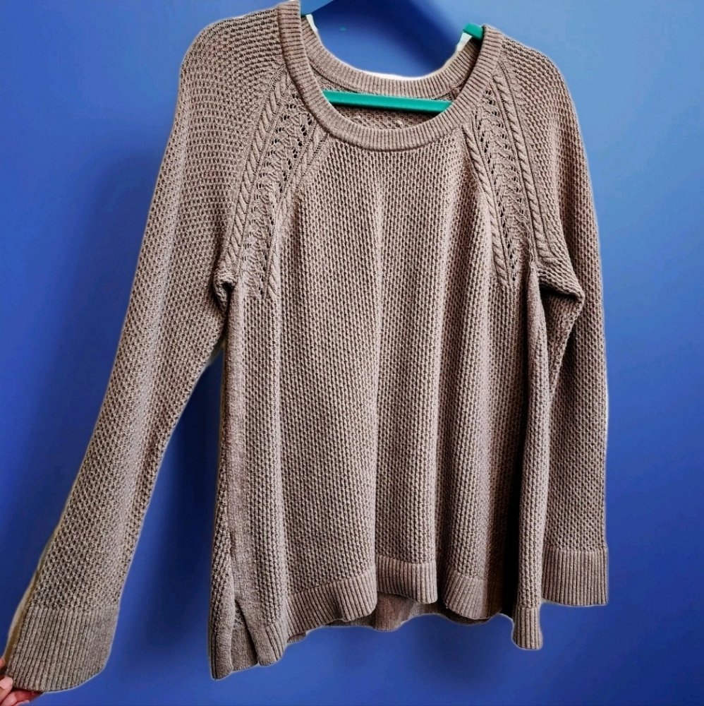 Ann Taylor LOFT Womens XL~ Crochet Knit Sweater~ Beige~ Long Sleeve ~Crew Neck